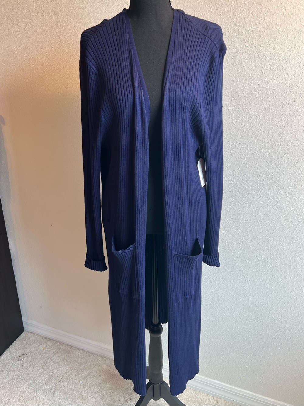 NWT Faded Glory Navy Blue Ribbed Open Front Duster Cardigan XXL